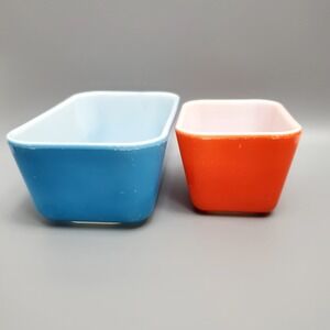 Vtg PYREX Refrigerator Rectangle Glass Dishes Primary Blue & Red  501-B & 502-B